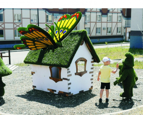БАБОЧКА на сельском домике, топиарная фигура с крышей из живой травы  от производителя: завод городской уличной мебели Lora-Park
